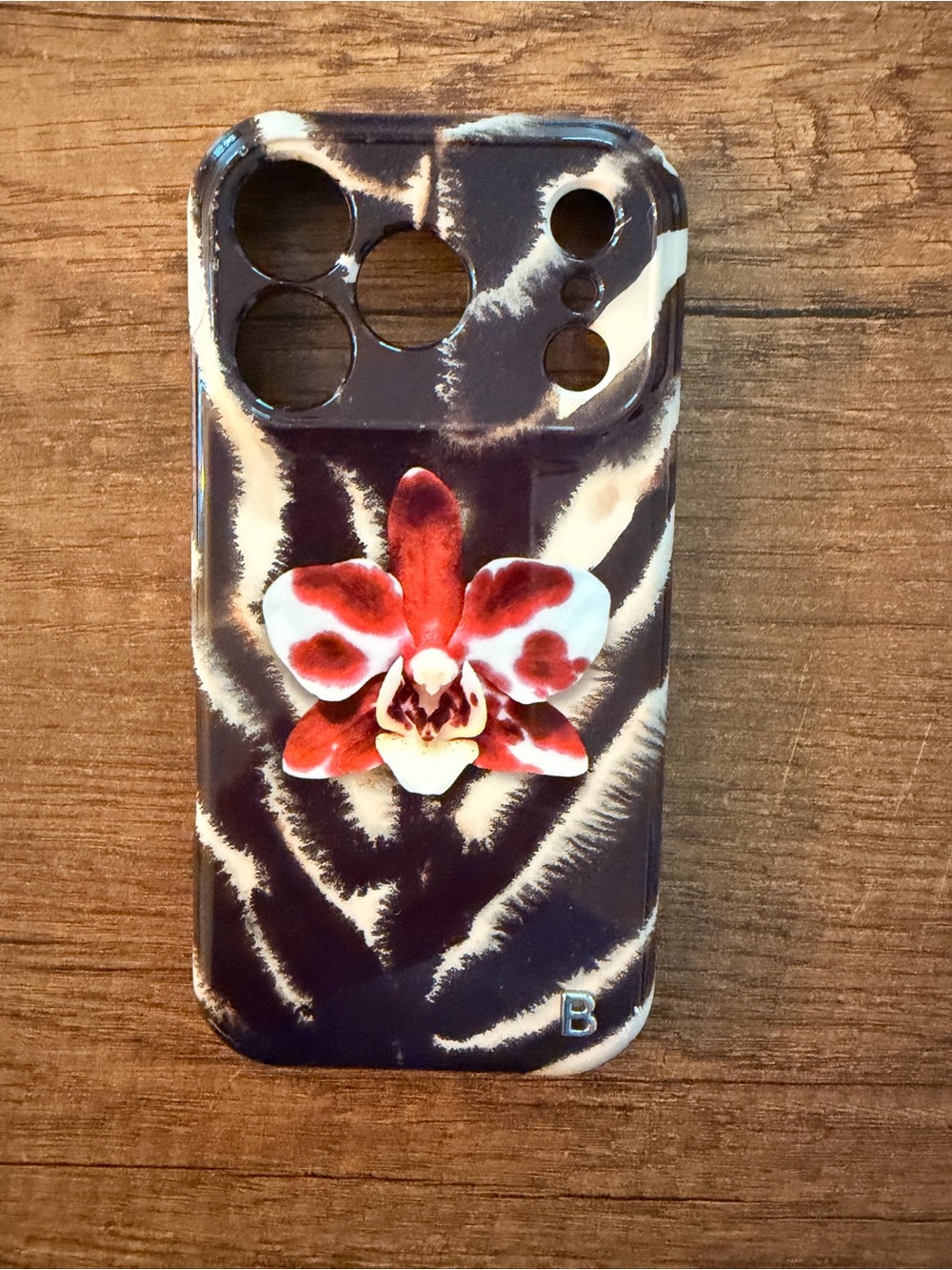 Floral Zebra Print Phone Case in Navy and Cream with Red Orchid